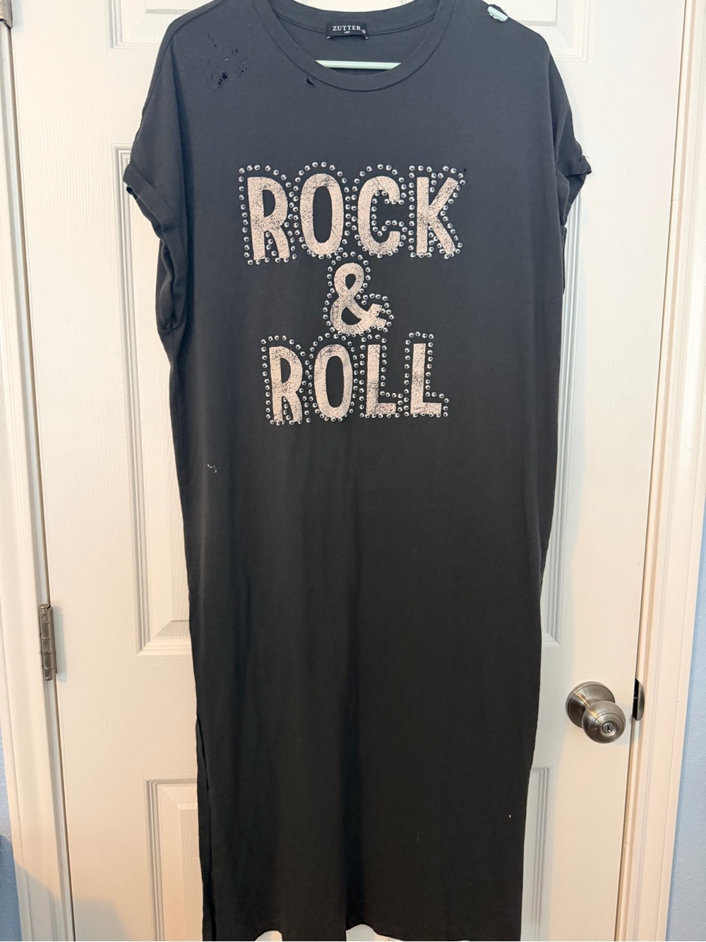 Zutter Black 'Rock & Roll' Distressed Maxi Tee Dress with faux stud details - Picture 2 of 8
